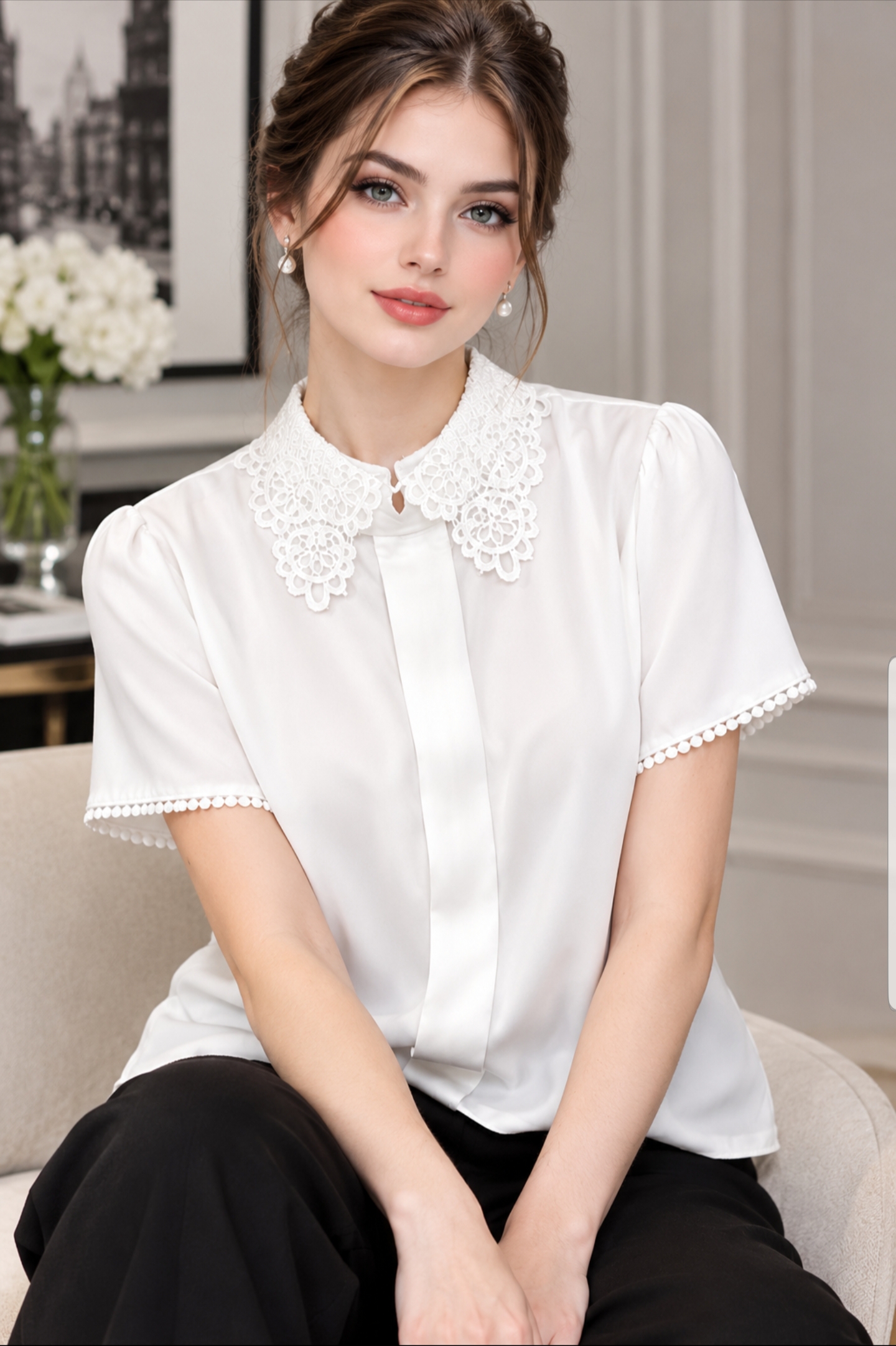 شومیز آستین کوتاه یقه گیپور